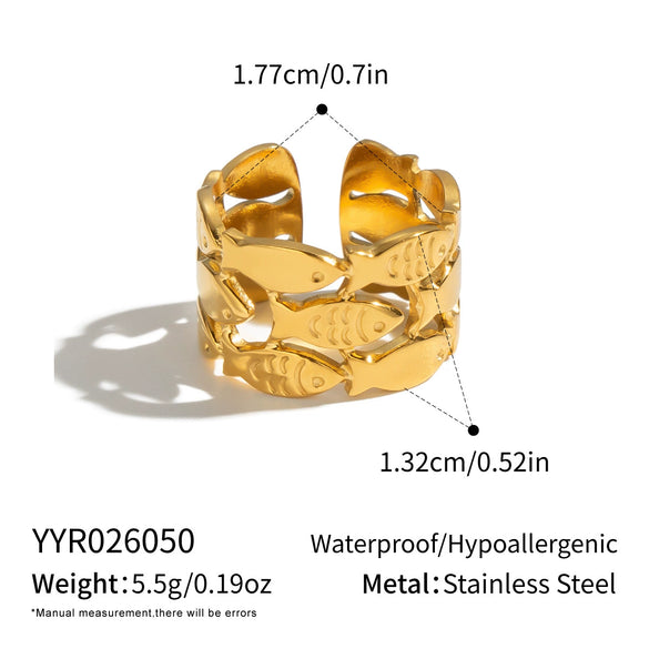 Minimalist Stainless Steel Fishbone Open Ring With Goldplated Finish Vacuum Electroplated Unisex Jewelry