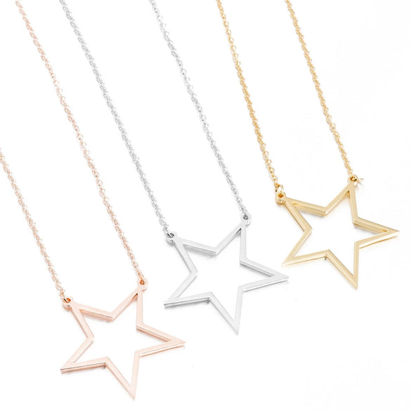 Minimalist Stainless Steel Geometric Star And Heart Pendant Necklace With Electroplated Finish For Women