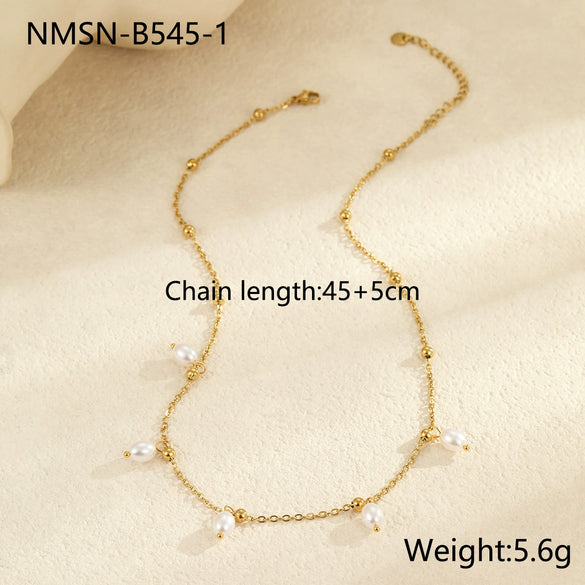 Minimalist Stainless Steel Necklace With Faux Pearl Pendant Geometric Design Electroplated For Women