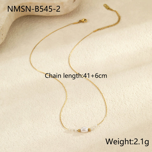 Minimalist Stainless Steel Necklace With Faux Pearl Pendant Geometric Design Electroplated For Women