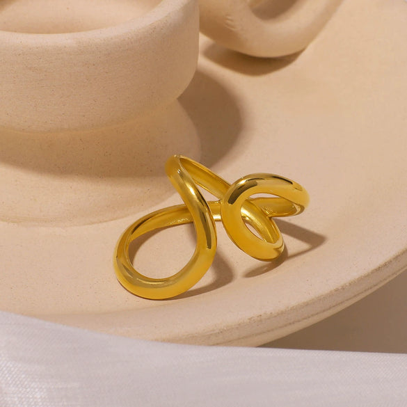 Minimalist Stainless Steel Ring With 18K Gold Double Water Drop Line Asymmetric Geometric Design Electroplated