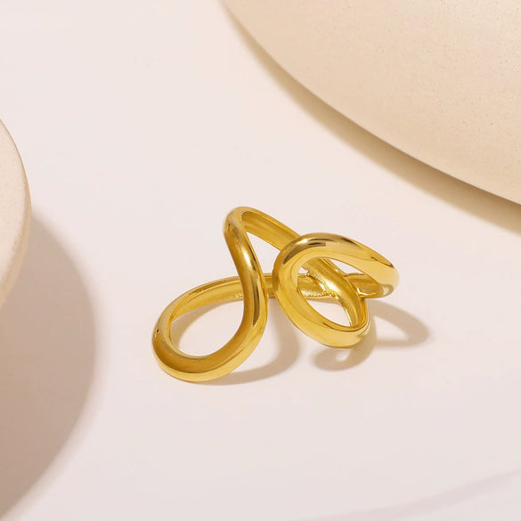 Minimalist Stainless Steel Ring With 18K Gold Double Water Drop Line Asymmetric Geometric Design Electroplated