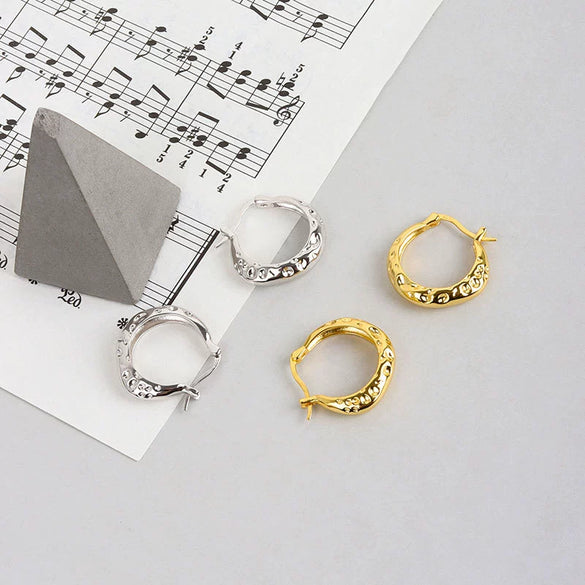 Minimalist Sterling Silver Geometric Earrings With Hammered Texture Distinctive Cool Style All Match Silver Earrings