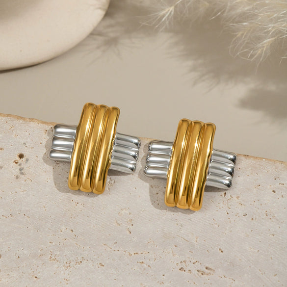 Minimalist Striped Cross Geometric Stainless Steel Gold Colorblocking Stud Earrings And Rings For Women Electroplated Light Luxury Highend Niche Jewelry