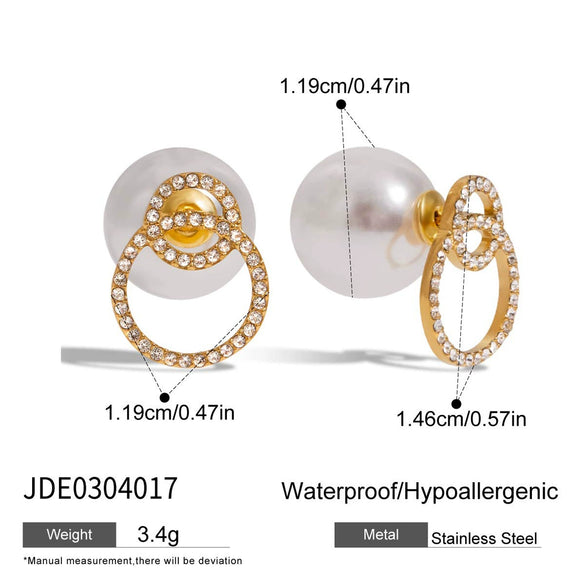 Minimalist Style Stainless Steel Pearl Earrings With Diamonds And Hollow Oval Geometric Design Electroplated Jewelry For Women