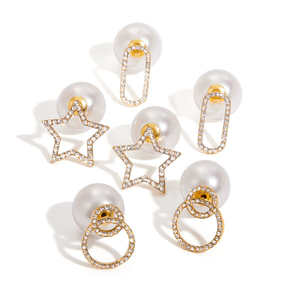 Minimalist Style Stainless Steel Pearl Earrings With Diamonds And Hollow Oval Geometric Design Electroplated Jewelry For Women