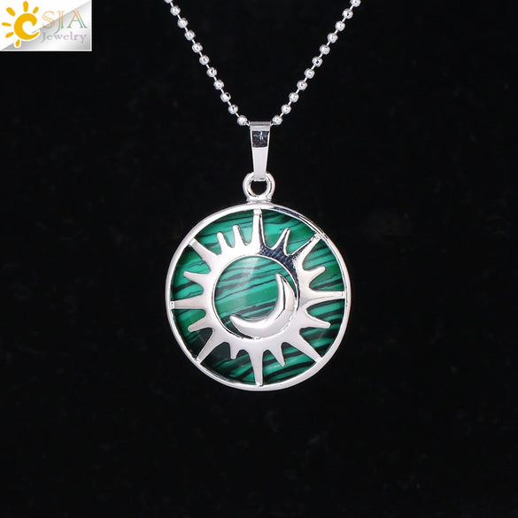 Minimalist Sun And Moon Round Pendant Necklace With Natural Stone Copper Ball Chain Electroplated Symbol Jewelry