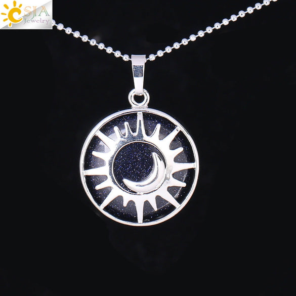 Minimalist Sun And Moon Round Pendant Necklace With Natural Stone Copper Ball Chain Electroplated Symbol Jewelry