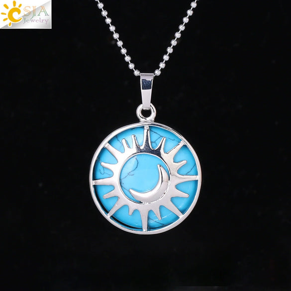 Minimalist Sun And Moon Round Pendant Necklace With Natural Stone Copper Ball Chain Electroplated Symbol Jewelry