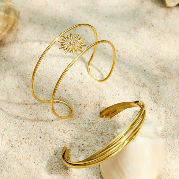 Minimalist Sunshaped Threelayer Interwoven Open Bracelet For Women Stainless Steel Zircon Inlaid 18K Gold Plated Jewelry
