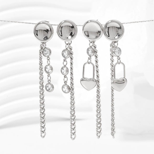 Minimalist Symmetrical Tassel Zircon Heart Shaped Stud Earrings In Stainless Steel With Vacuum Electroplating For Women