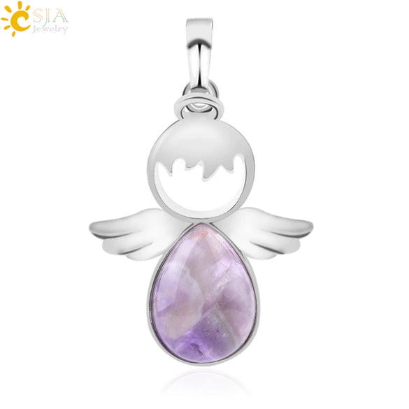 Minimalist Water Drop Angel Pendant Necklace Natural Crystal Stone And Electroplated Alloy Jewelry For Women