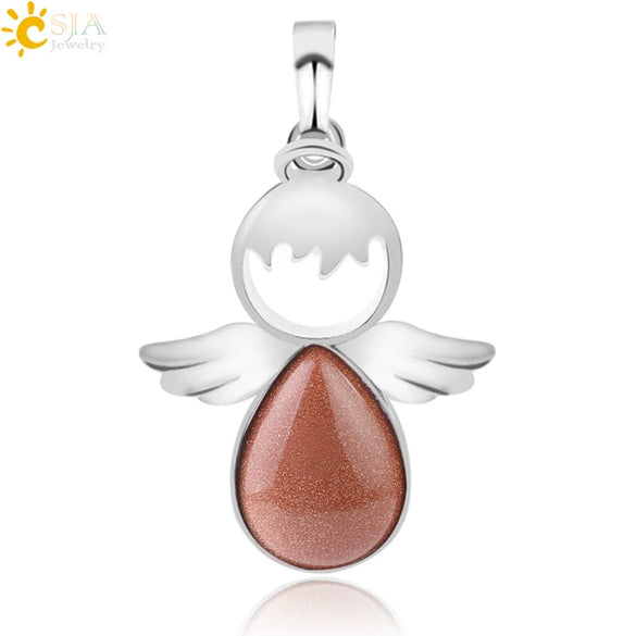 Minimalist Water Drop Angel Pendant Necklace Natural Crystal Stone And Electroplated Alloy Jewelry For Women