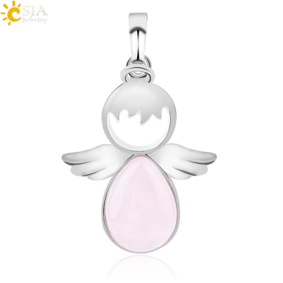 Minimalist Water Drop Angel Pendant Necklace Natural Crystal Stone And Electroplated Alloy Jewelry For Women