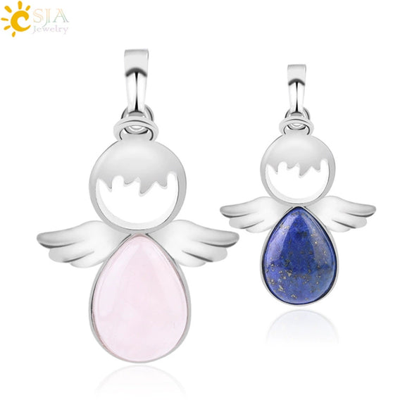 Minimalist Water Drop Angel Pendant Necklace Natural Crystal Stone And Electroplated Alloy Jewelry For Women