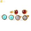 Minimalist Women's Natural Stone Earrings With Multicolor Convex Bean Design And Diamond Accent