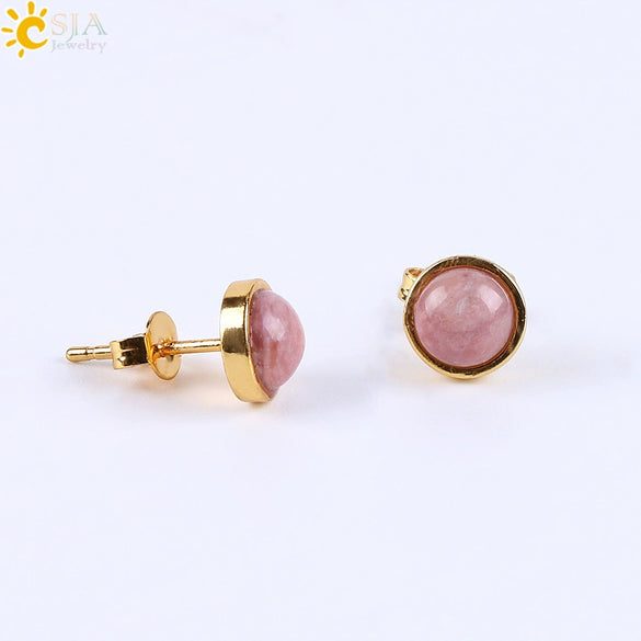 Minimalist Women's Natural Stone Earrings With Multicolor Convex Bean Design And Diamond Accent