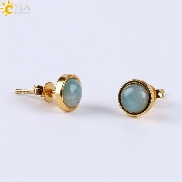 Minimalist Women's Natural Stone Earrings With Multicolor Convex Bean Design And Diamond Accent