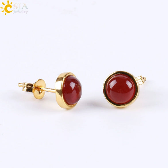 Minimalist Women's Natural Stone Earrings With Multicolor Convex Bean Design And Diamond Accent