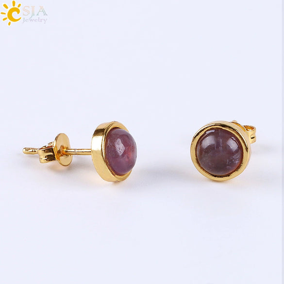 Minimalist Women's Natural Stone Earrings With Multicolor Convex Bean Design And Diamond Accent