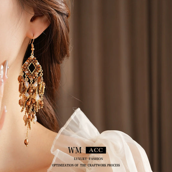 Mixed Materials Geometric Glass Crystal Tassel Earrings Set With Diamonds For Women Highend Retro Style