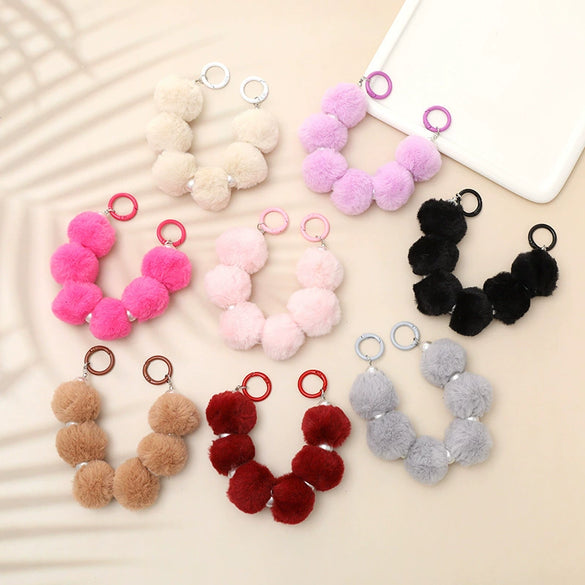 Mobile Phone Case Bag Pendant For Women Plush Fur Ball Handmade Beaded Portable Chain Short Wrist Strap