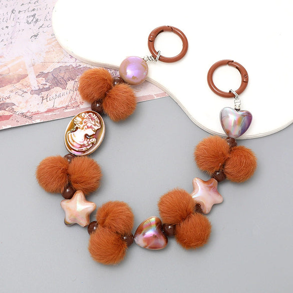 Mobile Phone Case Bag Pendant For Women Plush Fur Ball Handmade Beaded Portable Chain Short Wrist Strap