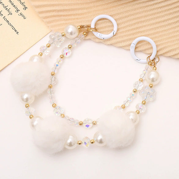 Mobile Phone Case Bag Pendant For Women Plush Fur Ball Handmade Beaded Portable Chain Short Wrist Strap