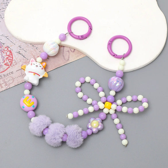 Mobile Phone Case Bag Pendant For Women Plush Fur Ball Handmade Beaded Portable Chain Short Wrist Strap