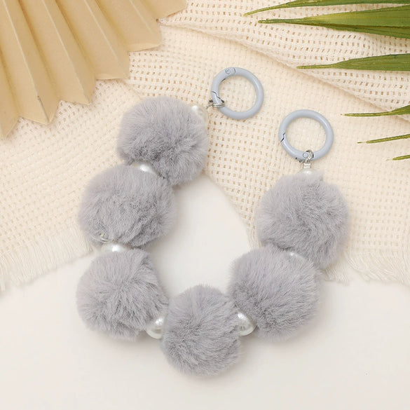 Mobile Phone Case Bag Pendant For Women Plush Fur Ball Handmade Beaded Portable Chain Short Wrist Strap