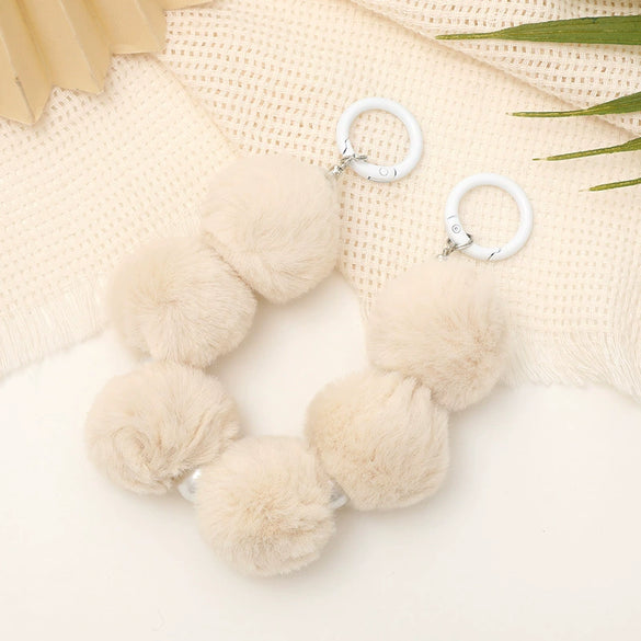 Mobile Phone Case Bag Pendant For Women Plush Fur Ball Handmade Beaded Portable Chain Short Wrist Strap