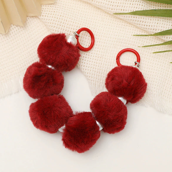 Mobile Phone Case Bag Pendant For Women Plush Fur Ball Handmade Beaded Portable Chain Short Wrist Strap