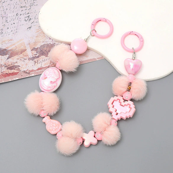 Mobile Phone Case Bag Pendant For Women Plush Fur Ball Handmade Beaded Portable Chain Short Wrist Strap