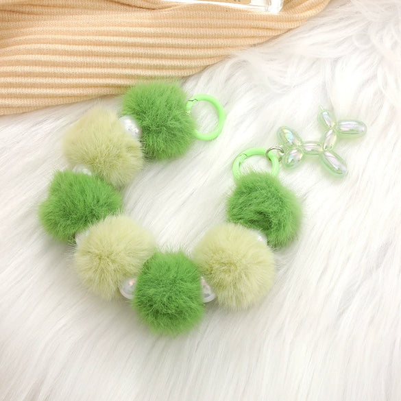 Mobile Phone Case Bag Pendant For Women Plush Fur Ball Handmade Beaded Portable Chain Short Wrist Strap