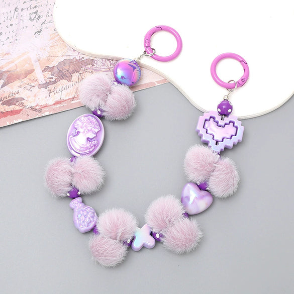 Mobile Phone Case Bag Pendant For Women Plush Fur Ball Handmade Beaded Portable Chain Short Wrist Strap