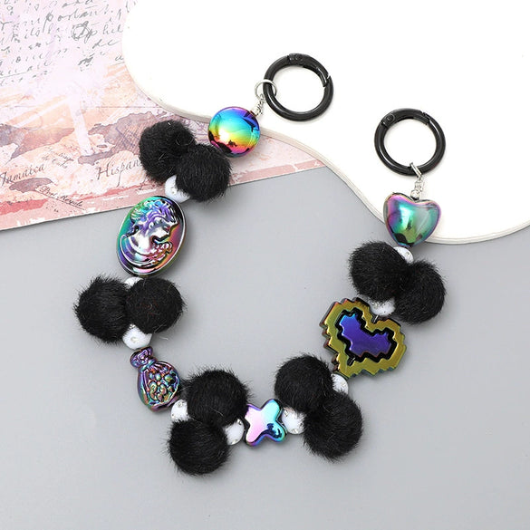 Mobile Phone Case Bag Pendant For Women Plush Fur Ball Handmade Beaded Portable Chain Short Wrist Strap