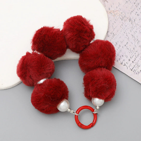 Mobile Phone Case Bag Pendant For Women Plush Fur Ball Handmade Beaded Portable Chain Short Wrist Strap