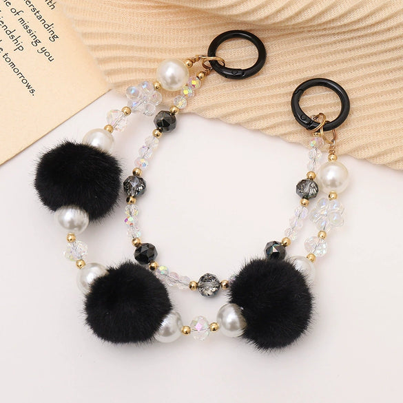 Mobile Phone Case Bag Pendant For Women Plush Fur Ball Handmade Beaded Portable Chain Short Wrist Strap
