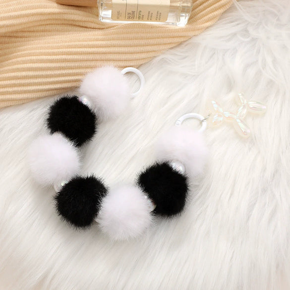 Mobile Phone Case Bag Pendant For Women Plush Fur Ball Handmade Beaded Portable Chain Short Wrist Strap