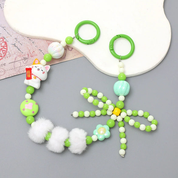 Mobile Phone Case Bag Pendant For Women Plush Fur Ball Handmade Beaded Portable Chain Short Wrist Strap