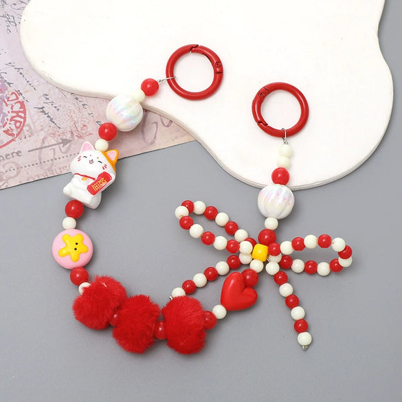 Mobile Phone Case Bag Pendant For Women Plush Fur Ball Handmade Beaded Portable Chain Short Wrist Strap