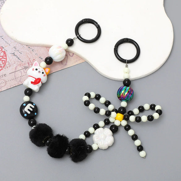 Mobile Phone Case Bag Pendant For Women Plush Fur Ball Handmade Beaded Portable Chain Short Wrist Strap