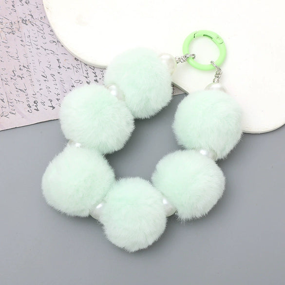 Mobile Phone Case Bag Pendant For Women Plush Fur Ball Handmade Beaded Portable Chain Short Wrist Strap