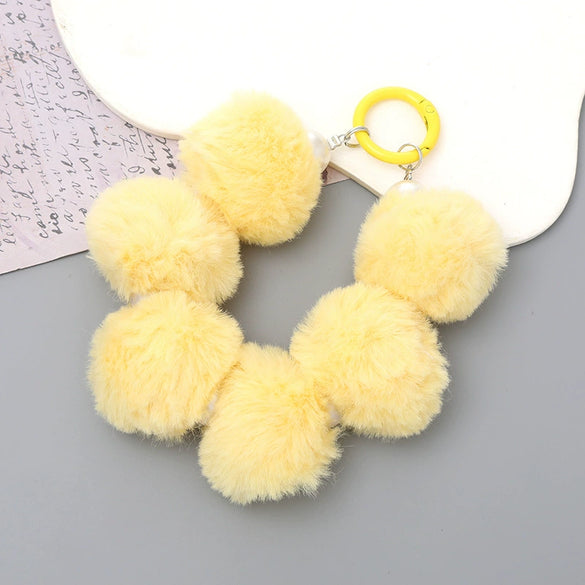 Mobile Phone Case Bag Pendant For Women Plush Fur Ball Handmade Beaded Portable Chain Short Wrist Strap