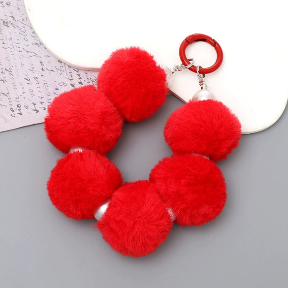 Mobile Phone Case Bag Pendant For Women Plush Fur Ball Handmade Beaded Portable Chain Short Wrist Strap