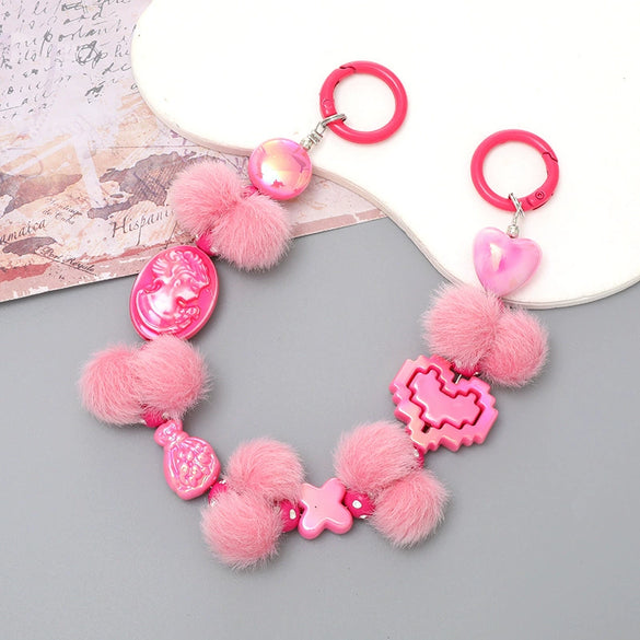 Mobile Phone Case Bag Pendant For Women Plush Fur Ball Handmade Beaded Portable Chain Short Wrist Strap