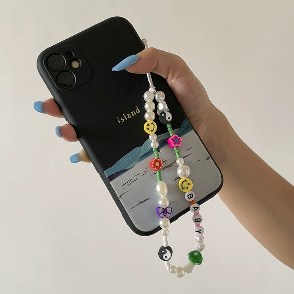 Mobile Phone Chain And Bracelet Hanging Ornaments Mushroom Imitation Pearl Tassel Titanium Steel Geometric Style For Women