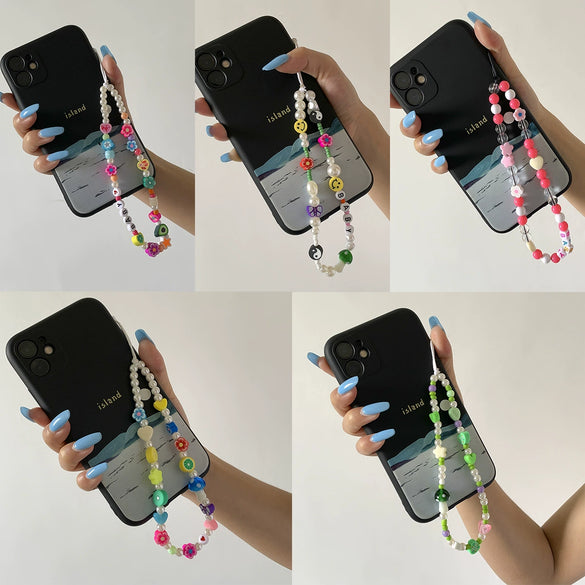 Mobile Phone Chain And Bracelet Hanging Ornaments Mushroom Imitation Pearl Tassel Titanium Steel Geometric Style For Women