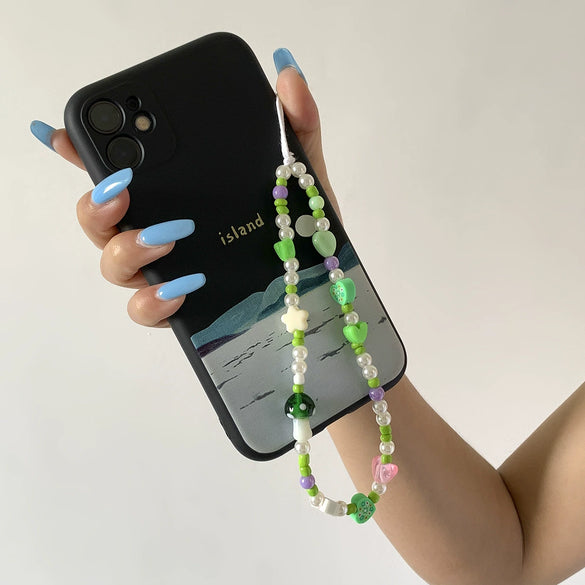 Mobile Phone Chain And Bracelet Hanging Ornaments Mushroom Imitation Pearl Tassel Titanium Steel Geometric Style For Women
