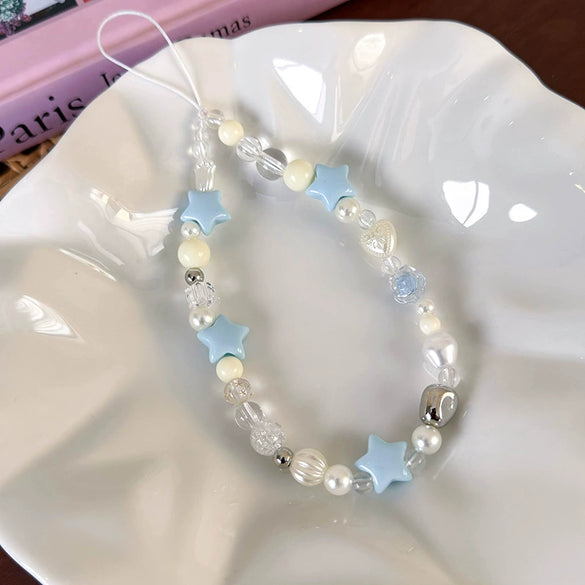 Mobile Phone Chain Lanyard Beaded Ornament Antilosing Rope Pendant Plastic Resin Blue Star Flowers Baking Paint